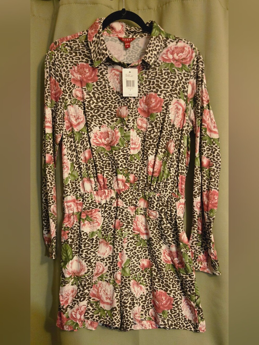 Guess Pink Floral & Green Leaf Leopard-Print Tunic